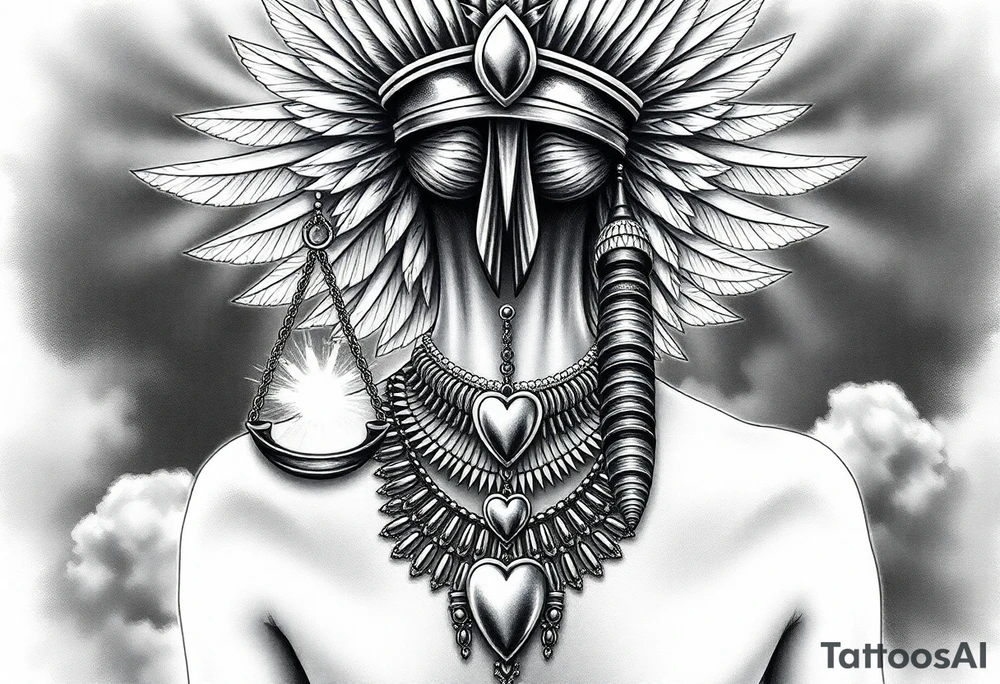 Beautiful Egyptian goddess and elegant body, depicted as a regal woman with an ostrich feather headdress, and intricate ancient Egyptian jewelry, the Anhk necklace. Background includes something similar to heaven, as one is walking into it. Incorporate the Scales of Justice—one side holding a heart, the other Ma’at’s feather—glowing with ethereal energy. Emphasize dramatic lighting, deep shadows, and surreal, mystical atmosphere tattoo idea
