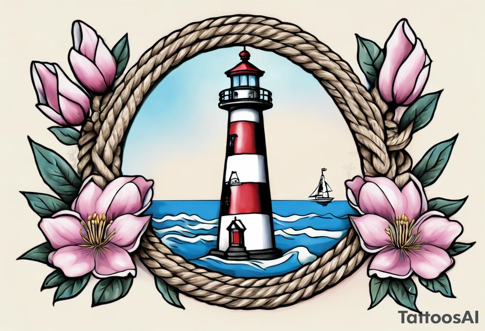 Sailor Jerry tattoo of a light house bordered by magnolia flowers and rope. Behind the light house is a periwinkle blue cancer awareness ribbon tattoo idea