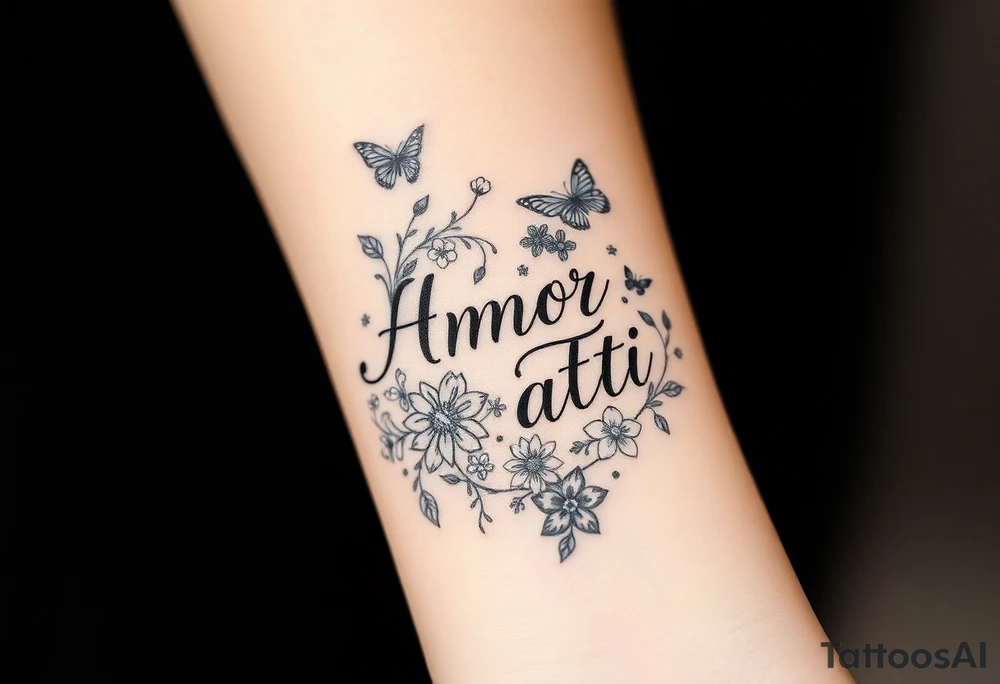 “Amor Fati” with small colorful flowers and birds and butterflies tattoo idea