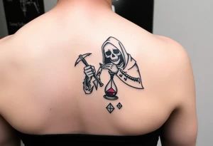 Simple grim reaper looking at a watch on his wrist with a hourglass with red sand and diamond geometric shapes for the thigh tattoo idea