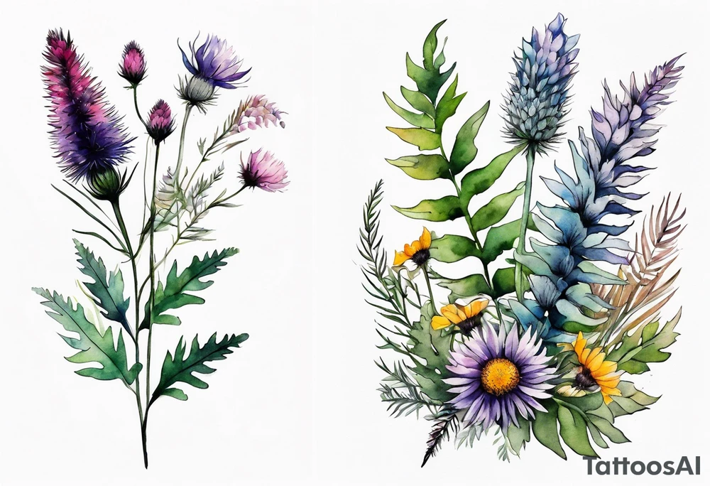 vertical mixed wildflower bouquet with ferns, thistle and with watercolor tattoo idea