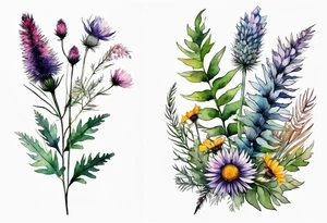 vertical mixed wildflower bouquet with ferns, thistle and with watercolor tattoo idea