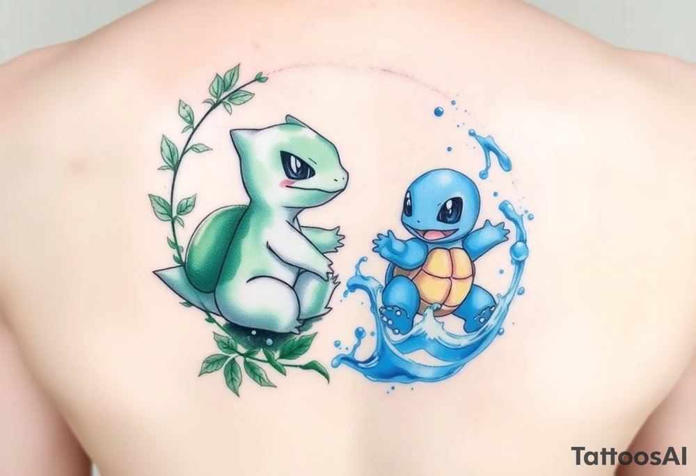 A yin-and-yang watercolor tattoo featuring Bulbasaur and Squirtle in their natural habitats. Bulbasaur forms the yin side, nestled in a lush forest environment with soft green watercolor washes, leaves, vines, moss, and gentle earthy textures. Squirtle forms the yang side, flowing through water with dynamic blue watercolor splashes, waves, bubbles, and light reflections. Their bodies curve together to complete the circular yin-yang symbol. The style is soft watercolor with subtle ink outlines, fluid motion, balanced contrast between earth and water, minimal background, and a harmonious, serene energy. tattoo idea