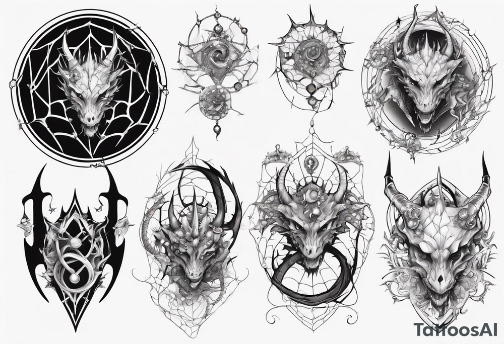 Dragon in a spiral spiderweb with jewels and shattered chalices and a spiral horn tattoo idea