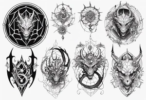 Dragon in a spiral spiderweb with jewels and shattered chalices and a spiral horn tattoo idea