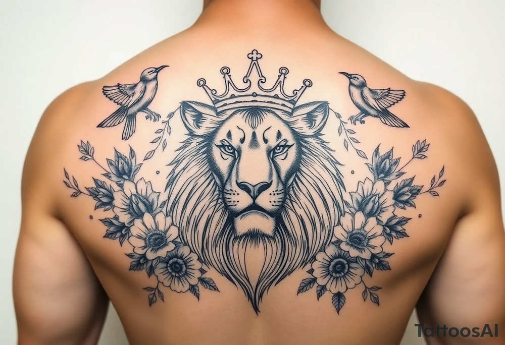 powerful majestic lion with a crown, surrounded by floral ornaments and birds tattoo idea