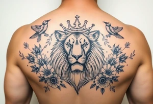 powerful majestic lion with a crown, surrounded by floral ornaments and birds tattoo idea