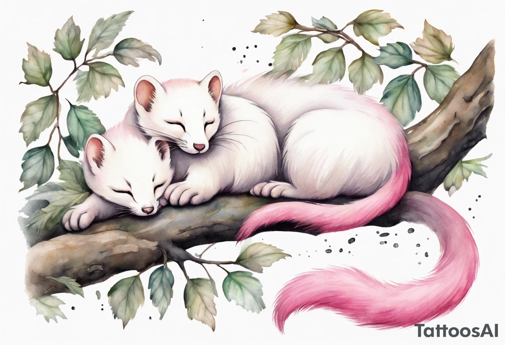 an ermine with pink fur and two tails sleeping in the forest tattoo idea
