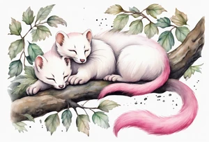 an ermine with pink fur and two tails sleeping in the forest tattoo idea