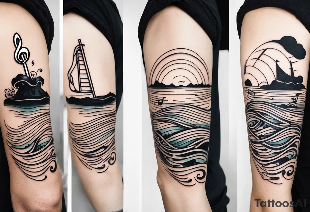 simple icons down the back of the arm featuring four icons:

1. a music note on a staff
2. a wave of water
3. a pocket
4. mushroom tattoo idea