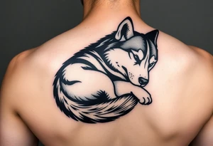 Majestic Siberian husky curled up napping tattoo idea