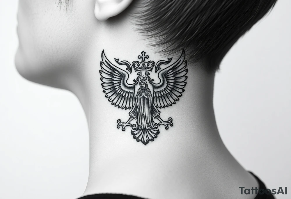 russian coat of arms double headed eagle traditional christian orthodox cross with a virgin mary stood in the entrance of a russian orthodox dome church on the side of the neck in a wilderness setting tattoo idea