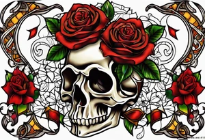 traditional Knee tattoo in fall colors showing a large skull with a rose in the style of Mark Mahoney tattoo idea