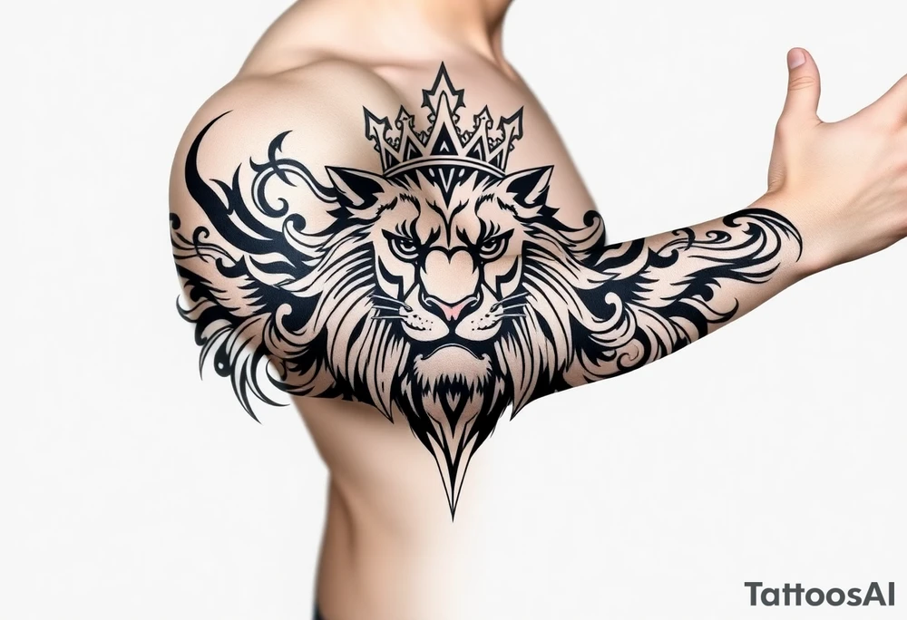 majestic lion wearing ornate crown, surrounded by baroque flourishes tattoo idea
