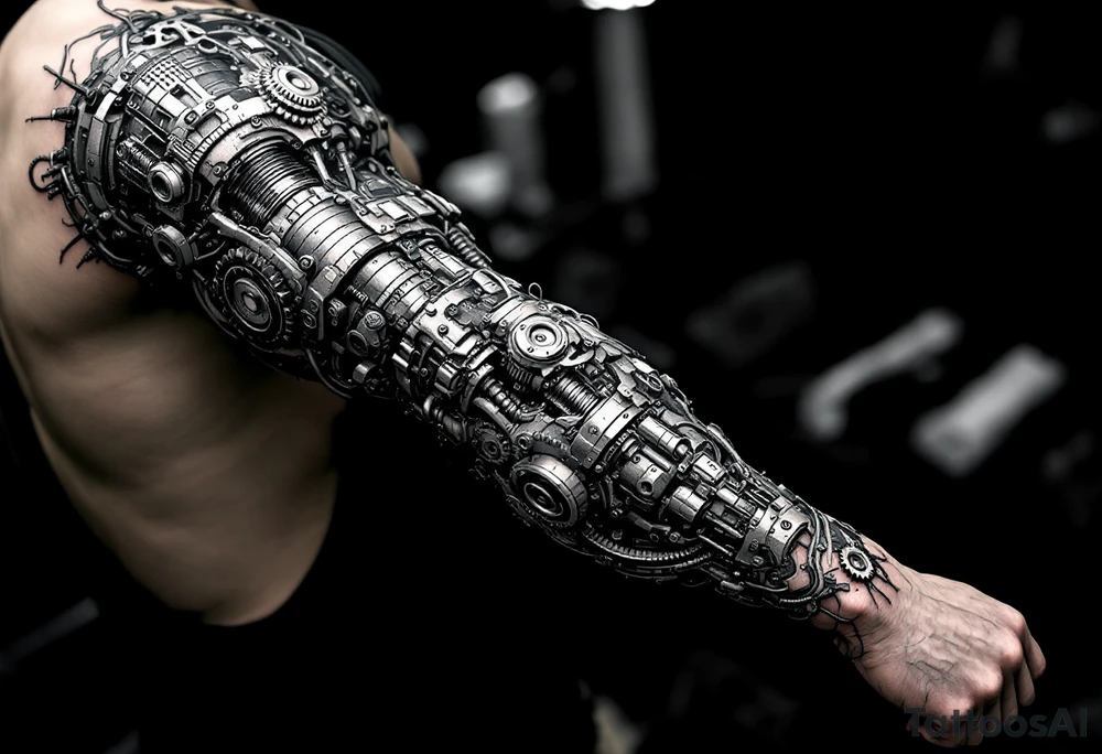 This biomechanical tattoo design creates the illusion of mechanical parts under the skin. It features gears, pistons, and wires, giving the arm a cybernetic look. Realistic shading enhances the fusion of flesh and machine tattoo idea