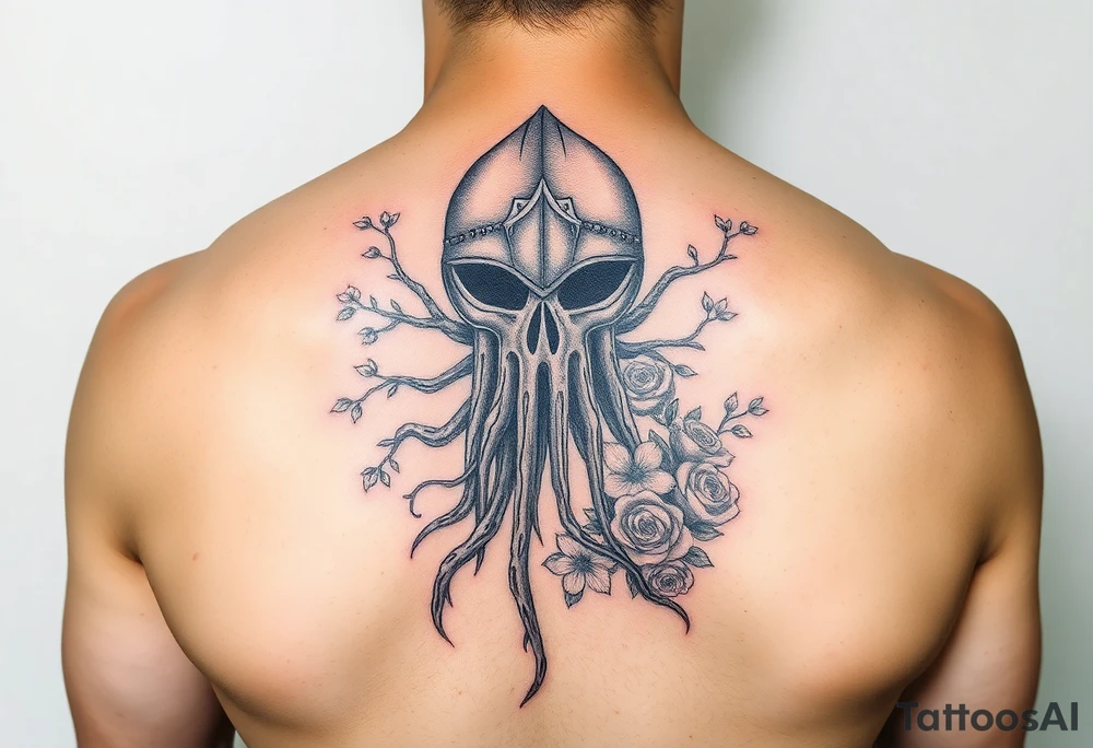 squid knight helmet combined with tree roots, cherry blossoms and roses rolling dice tattoo idea