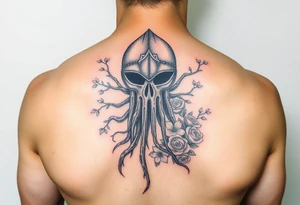 squid knight helmet combined with tree roots, cherry blossoms and roses rolling dice tattoo idea