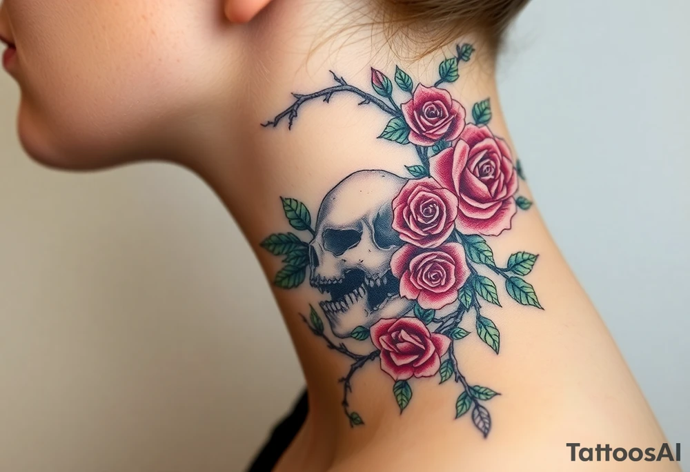 gothic skull intertwined with climbing roses and thorny vines tattoo idea