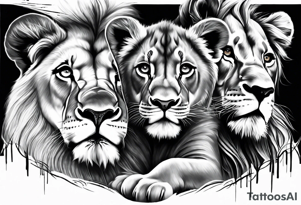 black and white tattoo featuring a lion, lioness, and lion cub. The lion faces upward towards the sky, looking in the opposite direction of the lioness. The lion cub is positioned below them, looking up.   Inspired by the lion king tattoo idea