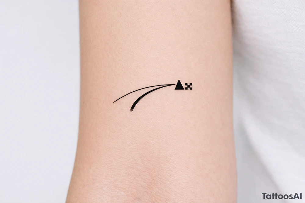 Minimalist tattoo representing a racing line approaching a racetrack apex, a simple curved line with a small geometric apex marker, inspired by motorsport driving technique tattoo idea