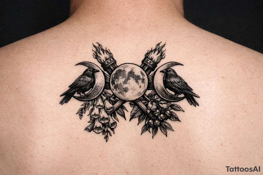 Triple moon with ravens on crescents, crossing torches behind, foxglove, belladonna. tattoo idea
