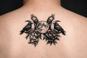 Triple moon with ravens on crescents, crossing torches behind, foxglove, belladonna. tattoo idea