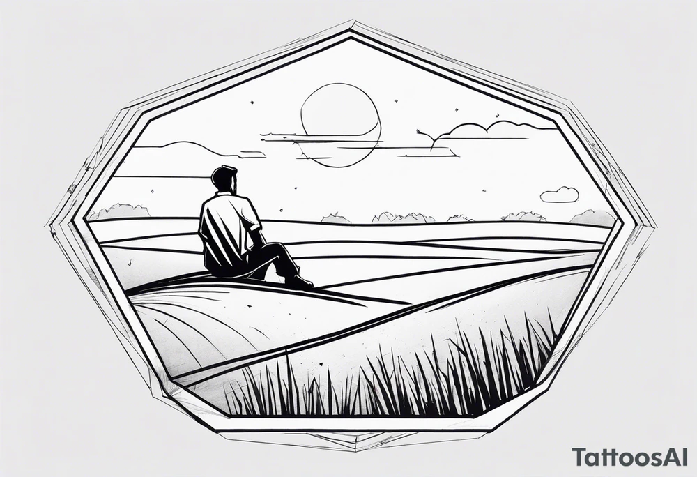 Design a tattoo featuring a hexagon framed by a bold black line. Inside the hexagon, illustrate a boy sitting on a bale of hay in a field, gazing into the distance. tattoo idea