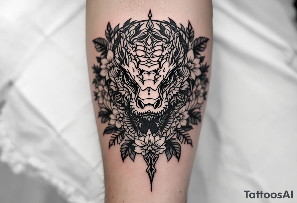 powerful majestic reptile, surrounded by floral ornaments tattoo idea