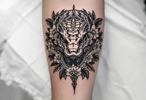 powerful majestic reptile, surrounded by floral ornaments tattoo idea