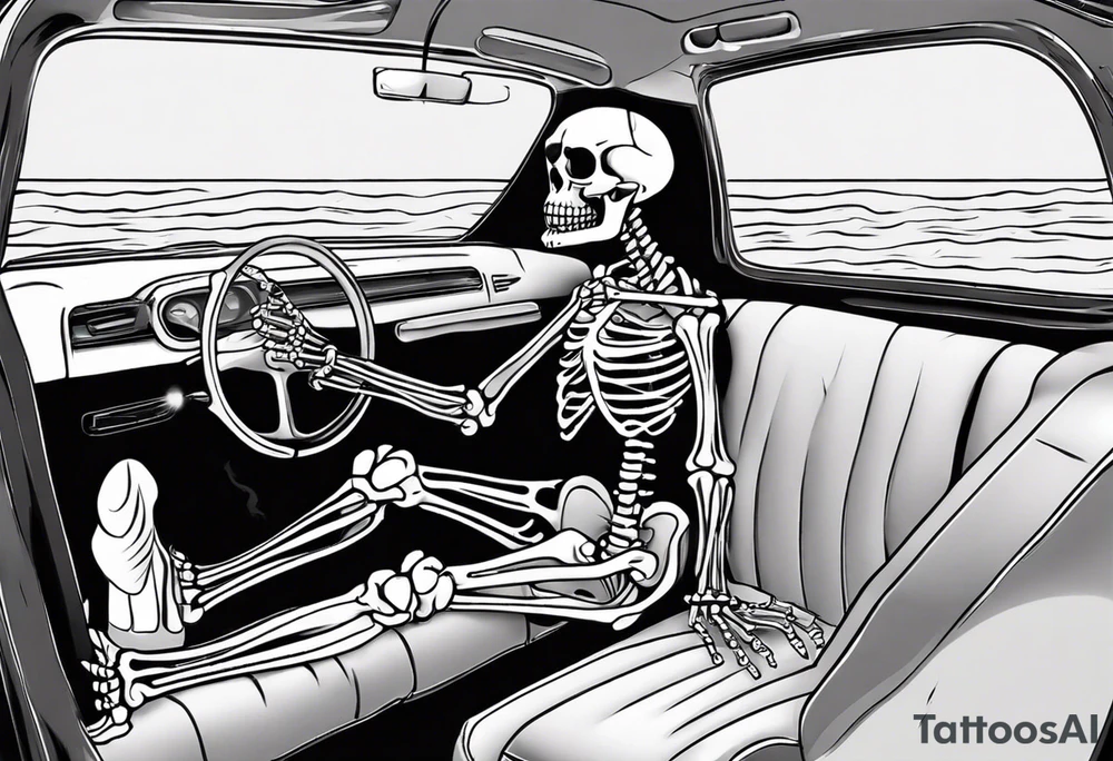 A skeleton sitting in a car on the beach drinking a beer tattoo idea A skeleton sitting in a car on the beach drinking a beer tattoo idea