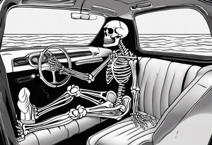 A skeleton sitting in a car on the beach drinking a beer tattoo idea