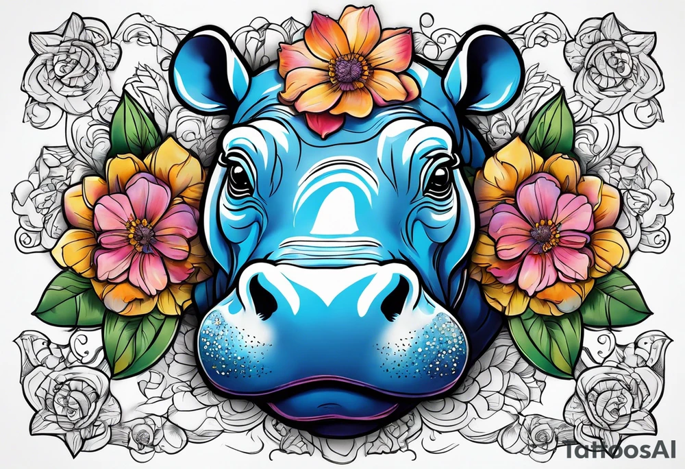 cute hippo with flowers tattoo idea