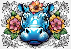 cute hippo with flowers tattoo idea