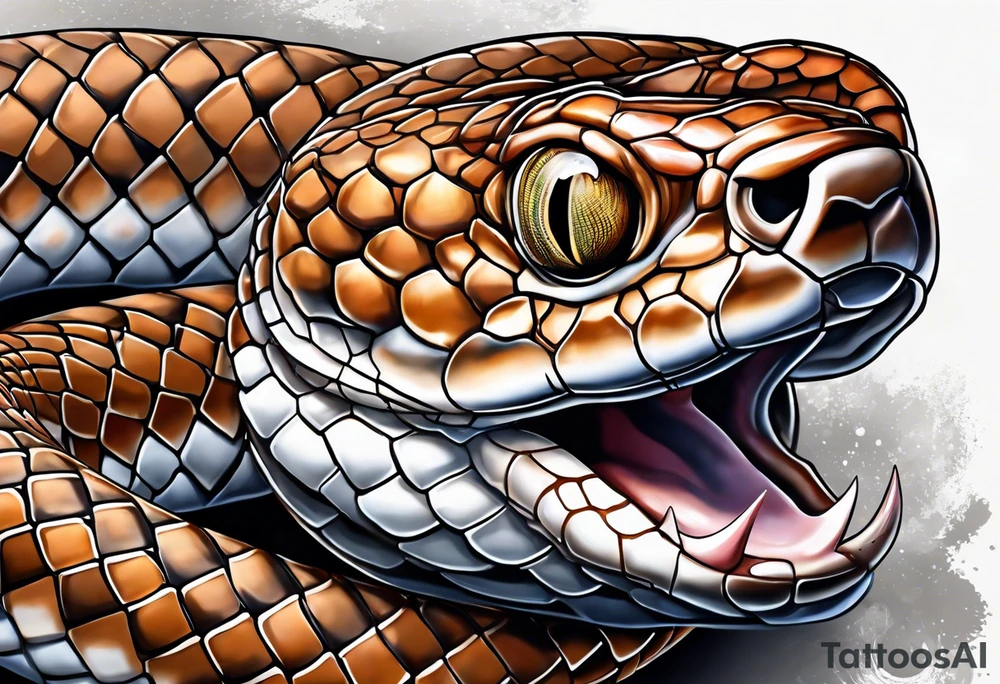 Copperhead coiled up with head turned up and mouth open and copper colored eyes tattoo idea