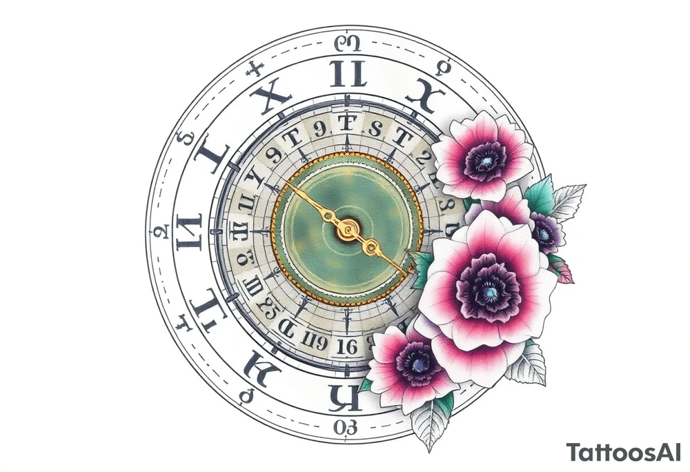 zodiac symbols and Norse runes within ornate clockwork mechanism with roses lilly sunflowers tattoo idea