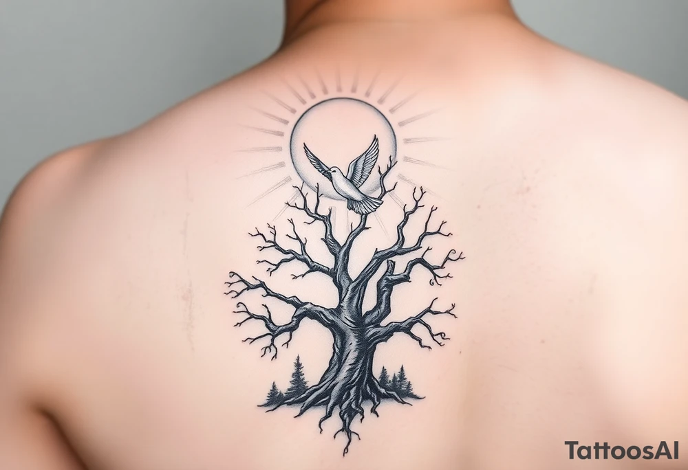 "A tattoo design featuring sun rays radiating from the top of the shoulder, with a serene forest scene in the background. Incorporate a prominent 'poison tree' design, featuring twisted and gnarled branches, symbolizing duality or mystery. Add a white dove in flight in the foreground, positioned slightly above or near the tree, symbolizing peace and hope. The overall design should have a balance of contrast and shading, blending realism with a slightly surreal artistic style." tattoo idea