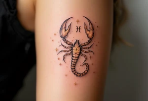 Golden stars form the shape of the astrological Scorpius ♏ symbol in the heart of the fiery red Scorpius constellation. tattoo idea