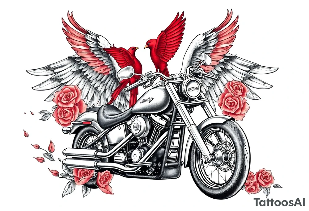 Harley grey motorcycle driving away, two red birds flying, roses, flames, angel wings tattoo idea