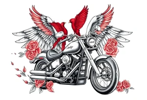 Harley grey motorcycle driving away, two red birds flying, roses, flames, angel wings tattoo idea