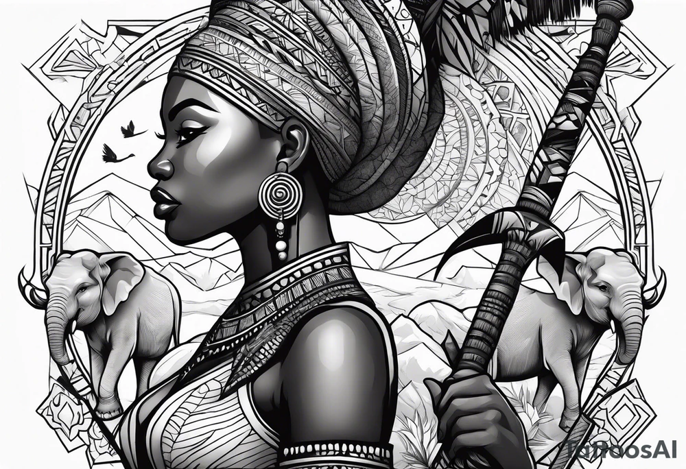 African woman warrior holding a spear with birds and elephants in the background tattoo idea