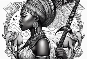 African woman warrior holding a spear with birds and elephants in the background tattoo idea