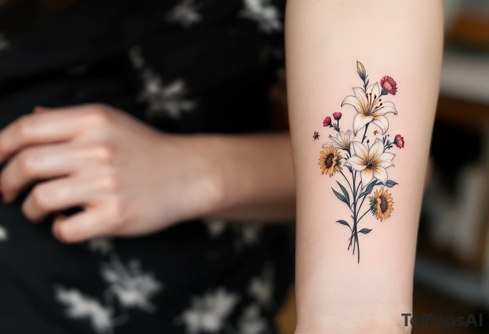 stargazer lillies in white with small sunflowers and poppies in a dainty wildflower bouquet with stems tattoo idea