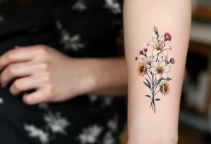 stargazer lillies in white with small sunflowers and poppies in a dainty wildflower bouquet with stems tattoo idea