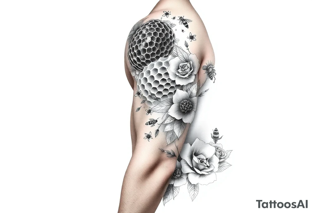 sea creatures,
 honey comb, bees, and roses tattoo idea