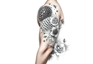 sea creatures,
 honey comb, bees, and roses tattoo idea