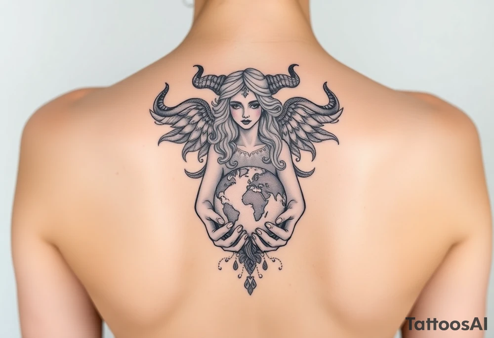 Taurus goddess with earth in her hands tattoo idea