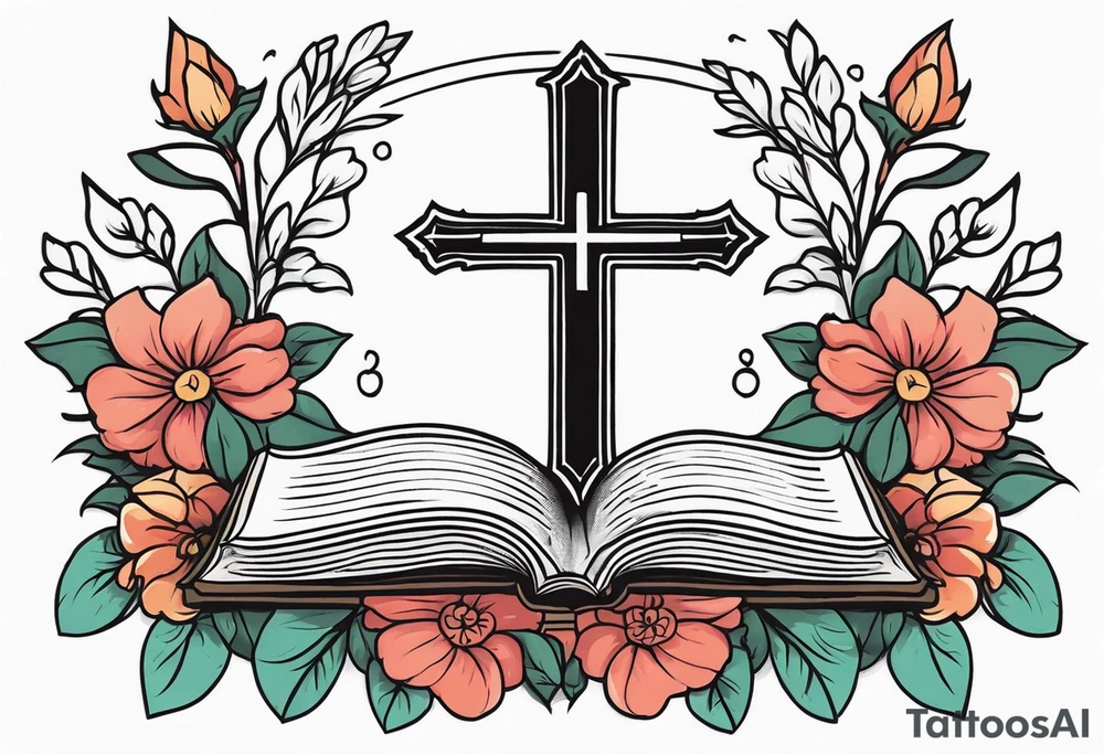 front of bible with cross on bible surrounded by flowers tattoo idea
