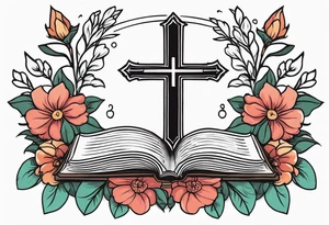 front of bible with cross on bible surrounded by flowers tattoo idea