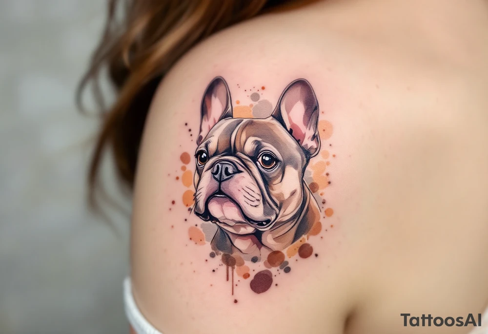 Portrait of a French Bulldog in watercolor style, using splashes of browns, oranges, and muted greens to frame the face. tattoo idea