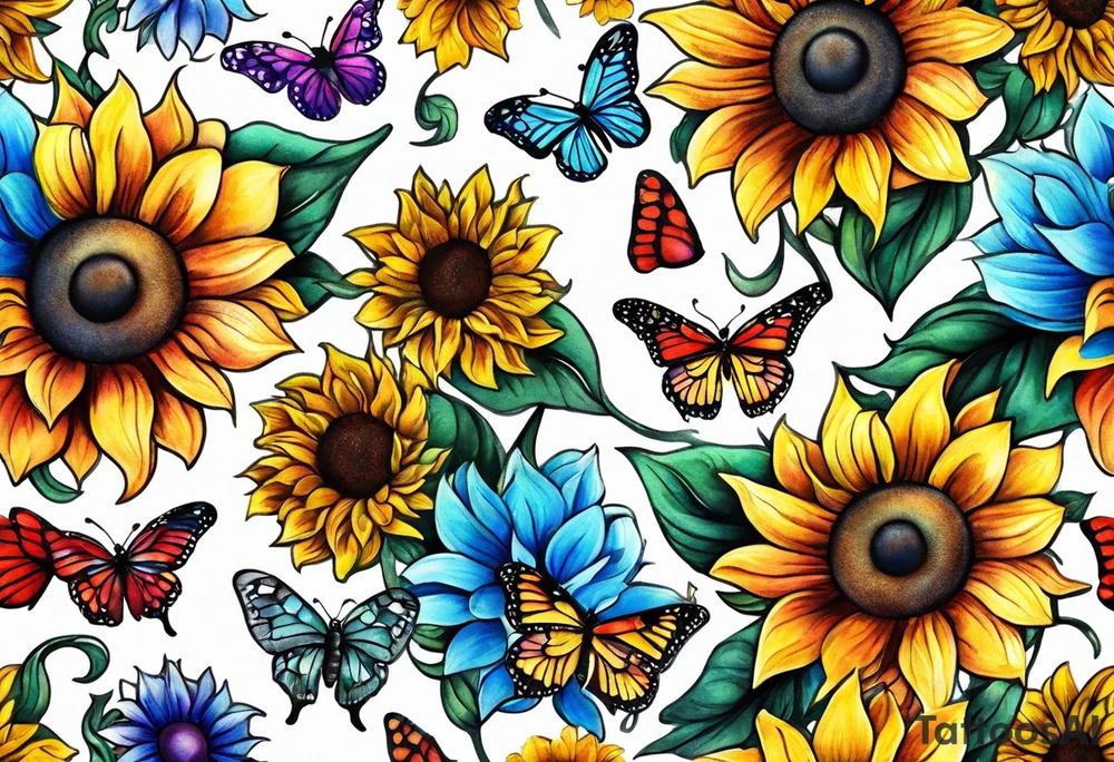 Memorial arm sleeve for mom with rainbow sunflowers and butterflies tattoo idea